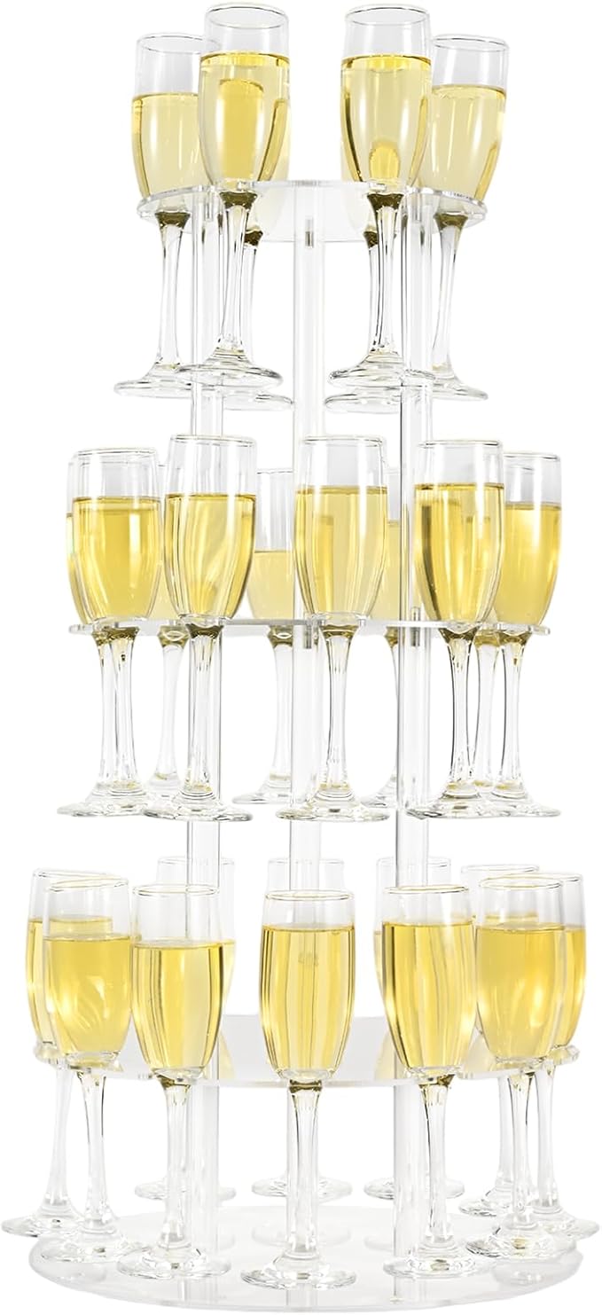Champagne Tower, Circle Acrylic Champagne Display Rack Stand with 28 Slots, 3 Tier Floating Sight Champagne Flute Holder for Party, Wedding, 13.4x13.4x25.5 inch