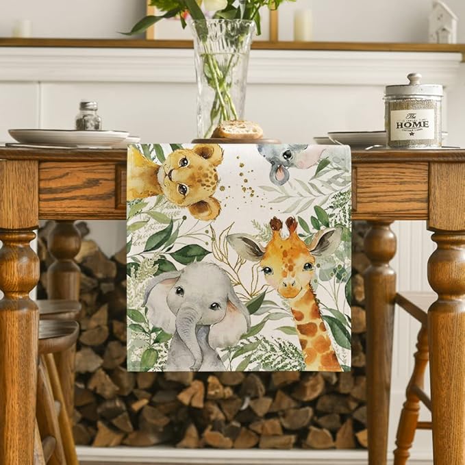 Artoid Mode Animals Elephant Giraffe BabyShower Table Runner, Seasonal Spring Summer Kitchen Dining Table for Home Party Decor 13x90 Inch