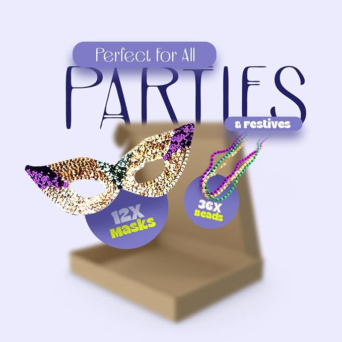 Funny Party Hats Mardi Gras Face Mask & Beads - Mardi Gras Mask Bulk - Masquerade Masks - Venetian Mask - Mardi Gras Necklaces - Mardi Gras Costumes