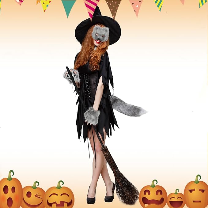 BADALU Therian Cat Mask and Tail Set - Furry Fox Wolf Mask with Leather Choker and Faux Fur Tail - Halloween Cosplay Party
