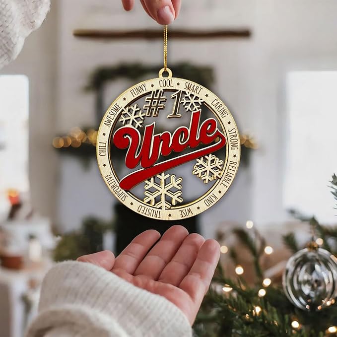 #1 Uncle Wooden Christmas Ornament – Best Uncle Holiday Tree Hanging Decoration, Rustic Family Xmas Gift with Snowflakes & Words