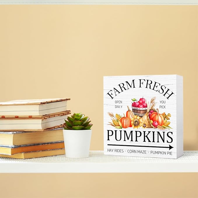 Funny Autumn Wood Box Sign Fresh Pumpkins Wooden Block Desk Decor for Home Office Kitchen Cubicle Table Shelf Tabletop,Farmhouse Fall Sign Decor