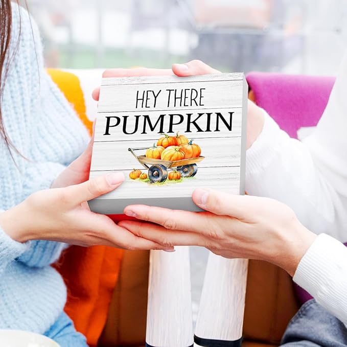 Funny Autumn Wood Box Sign Hey There Pumpkins Wooden Block Desk Decor for Home Office Kitchen Cubicle Table Shelf Tabletop,Farmhouse Fall Sign Decor
