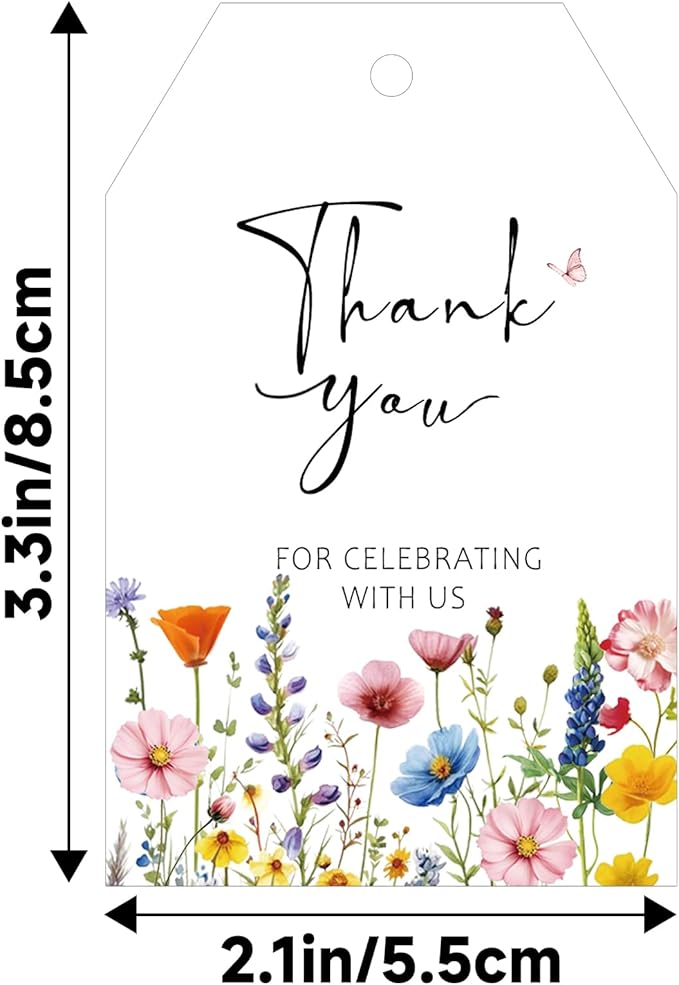 G2PLUS 50Pcs Wildflower Thank You Tags - Floral Gift Tags with String, Thank You for Celebrating with Us Tag, White Paper Party Favors Hangtag for Wedding, Baby Shower, Bridal Shower, Birthday