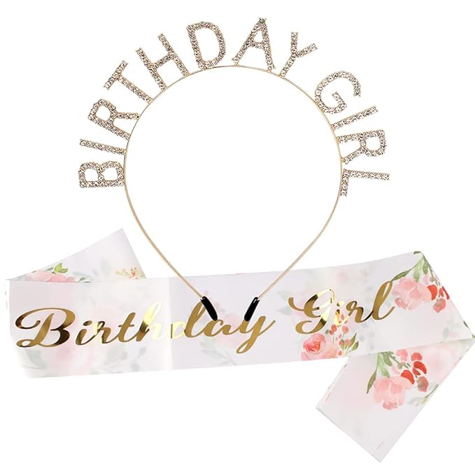 AOPRIE Birthday Girl Crown for Women with Flower Sash Gold Happy Birthday Tiara for Women Headband Princess Crown Rhinestone Accessories