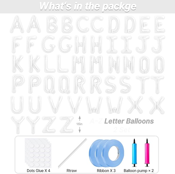 LIOZEOKUN Letter Balloons 16 Inch Alphabet A-Z Mylar Foil Balloons 2 Set for Wedding Birthday Party Decoration Banner Custom Phrase 52 Pcs