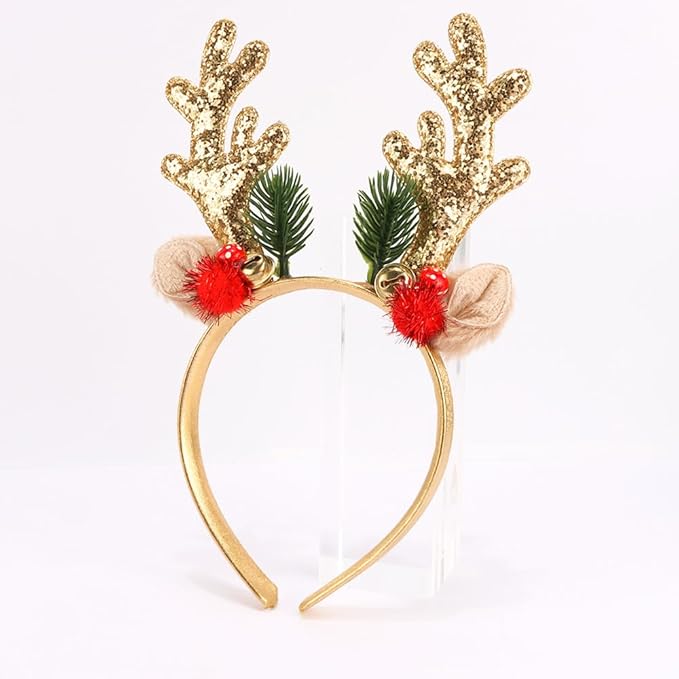 TODDER Gold Christmas Headband, Reindeer Antlers Ears Headband for Adults and Kids, Christmas Hair Accessories Deer Antlers Costumes for Themed Parties and Cosplay