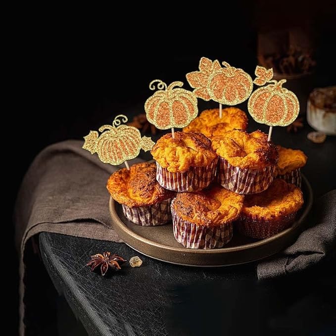 Glitter 24Pcs Pumpkin Cupcake Toppers Thanksgiving Cupcake Toppers Fall Theme Cupcake Picks for Thanksgiving Day Harvest Pumpkin Theme Baby Shower Birthday Cake Decorations Party Supplies