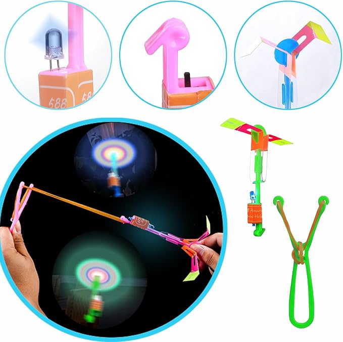 50 Pcs LED Flying Set, Flying Rocket Copters Outdoor Game Toys Glow in The Dark Party Supplies Party Favors for Kids 8-12,4-8, 25 Slingshot+25 Glow Helicopter