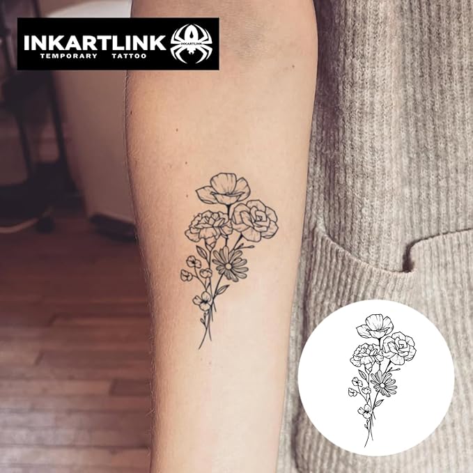 INKARTLINK Women's Semi-Permanent Floral Temporary Tattoos - Adult Art Design, Cruelty-Free, Waterproof, Non-Reflective (A Bouquet Of Flowers)