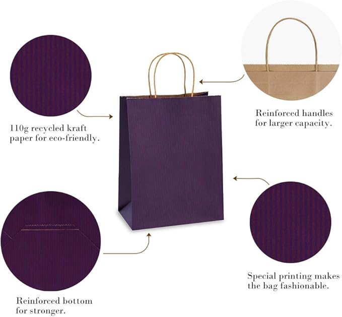 BagDream Gift Bags 8x4.25x10.5 Inches 25Pcs Kraft Paper Bags with Handles, Purple Stripes, for Shopping, Retail, Merchandise, Business, Party Favor Paper Gift Sacks