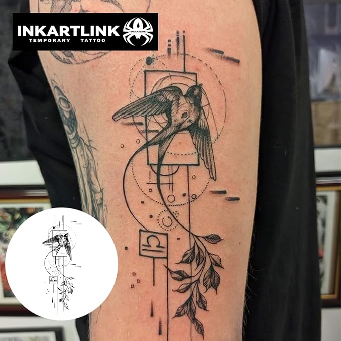 INKARTLINK Semi Permanent Tattoo, Party tattoo, Beautiful and Realistic Design, Fun Tattoo Experience, Cruelty-free, Non-reflective, Waterproof (Swallow Geometric Figures)