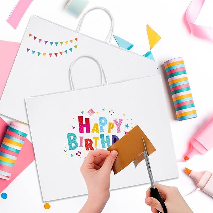 MESHA 16x6x12'' White Kraft Paper Bags With Handles,50 Pack Large Gift Bags Bulk Bulk Reusable for Business,Retail,Birthday,Wedding,Party,Favor,Merchandise,Grocery Shopping Bag