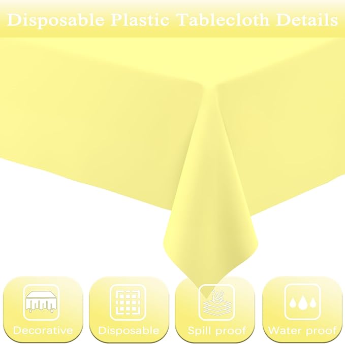 WNINK 4 Pack Light Yellow Rectangular Plastic Tablecloths, Yellow Disposable Table Covers 54" x 108" for Birthday, Bridal Shower, Engagement Wedding, Picnic Parties and 8 ft Table Use