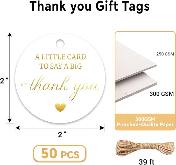 50pcs Gold Foil Thank You Tags with String, Pre-Punched Hole Gift Tags with String - Perfect for Weddings, Baby Showers, Parties, Holidays, Anniversaries, Celebrations (2"*2")