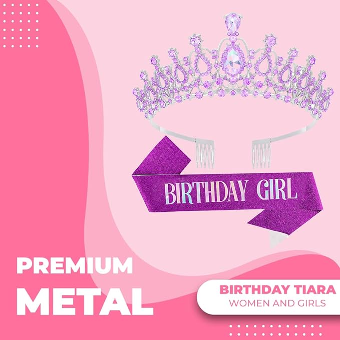 Birthday Tiara and Crown with Sash for Women, Hair Accessories for Wedding Party Costume (B - Purple)