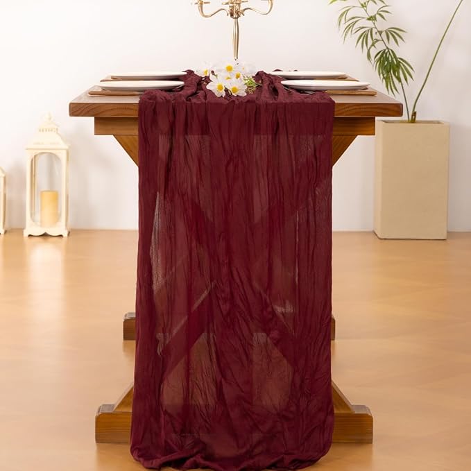Socomi Burgundy Red Christmas Table Runner 10pcs Cheesecloth Boho Rustic Gauze 120 inch 10FT Cheese Cloth Runner for Wedding Party Baby Shower Birthday Home Decor Holiday Decorations