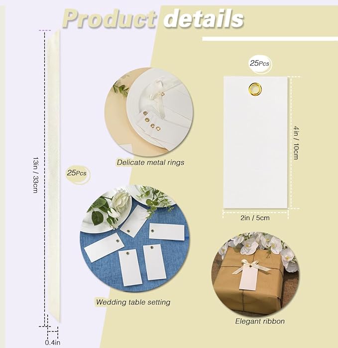 25 Pcs Name Place Cards Blank Seat Card, 2 x 4 in Table Cards with Stain Ribbon, Wedding Place Card, Hanging Tags for Wedding table Setting Reserved Chairs Signs Dinner Banquet Parties.(Beige)