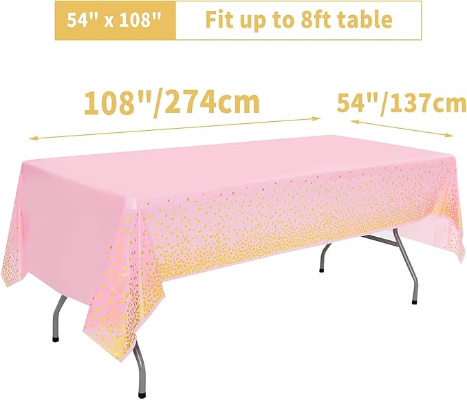 Pink and Gold Disposable Party Tablecloth for Rectangle Table, Gold Stamping Dot Confetti Rectangular Plastic Table Cover, for Bachelorette, Girl Birthday and Baby Shower, Wedding 108"x54" 2 Packs
