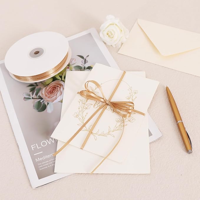 TONIFUL 1/8 Inch x 200 Yards Champagne Gold Thin Solid Satin Ribbon Giant Spool Double Face Ribbons for Crafts Hanging Tags Invitation Card Balloons Bouquet Hair Gift Wrapping Party Decoration