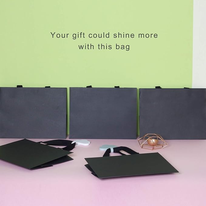 12pcs, 11.8x4.7x9" (2) Medium Size, Black Paper Bags with Black Cotton Handles, Thick Sturdy Durable Gift bags
