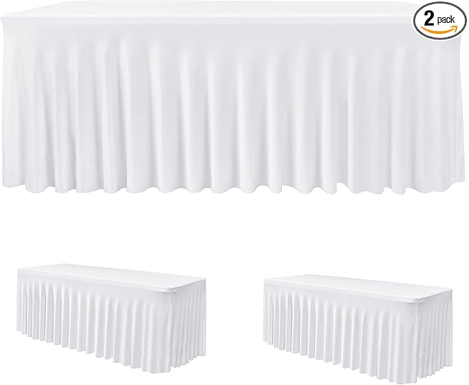 HolidayIdeas White Spandex Table Covers 6 Foot, Fitted Stretch Table Skirts 30x72 Inch, Wrinkle-Free Floor Length Polyester Tablecloths for Weddings Parties Banquets Events,2 Pack
