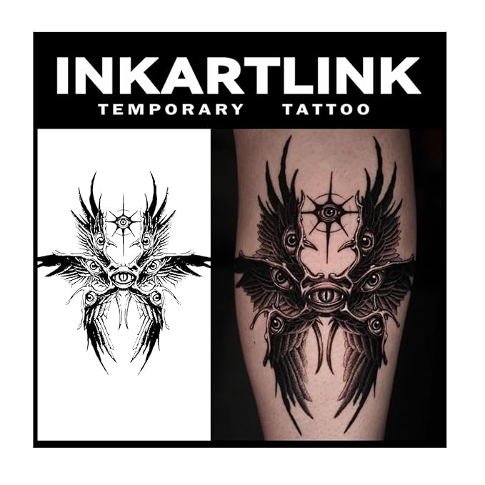 INKARTLINK Tattoo Tech, 2 Sheets Medium Semi Permanent Tattoo, Adult Art Design Temporary Tattoos, Lasts 1-2 Weeks, Waterproof, Realistic Look, No Adhesive, No Reflection (Six-Winged Angel Design)