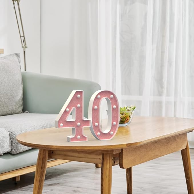 Marquee Numbers Light up Numbers, 0-9 Number Battery Powered LED Light, Pink Glitter Plastic Numbers for 40th Birthday Decorations, Number Decor for Graduation Engagement Wedding Birthday (Number 40)