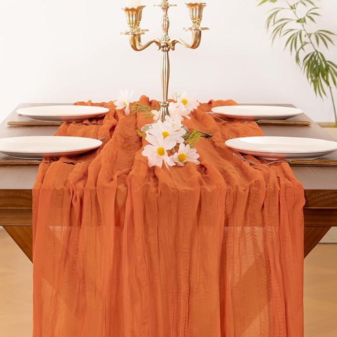 Socomi 10pcs Orange Fall Thanksgiving Cheesecloth Table Runner Boho Rustic Gauze 120 inch 10FT Cheese Cloth Runner for Wedding Party Baby Shower Birthday Home Decor Holiday Decorations