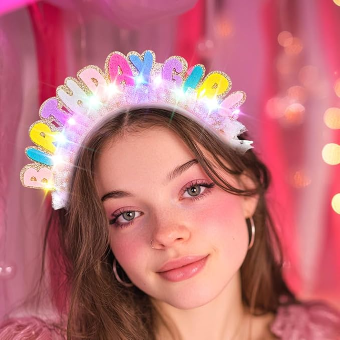 Light Up Birthday Girl Headbands LED Pink Birthday Crown Headpiece Glitter Party Hair Accessories for Women (Pink, One Size)