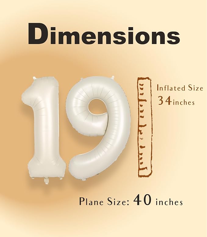SUWEN 40 Inch Cream White Large 19 Number Balloons Big Foil Helium Number Balloons 0-9 Jumbo Happy 19th Mylar Birthday Party Decorations for Boy or Girl 91 Anniversary Party Supplies