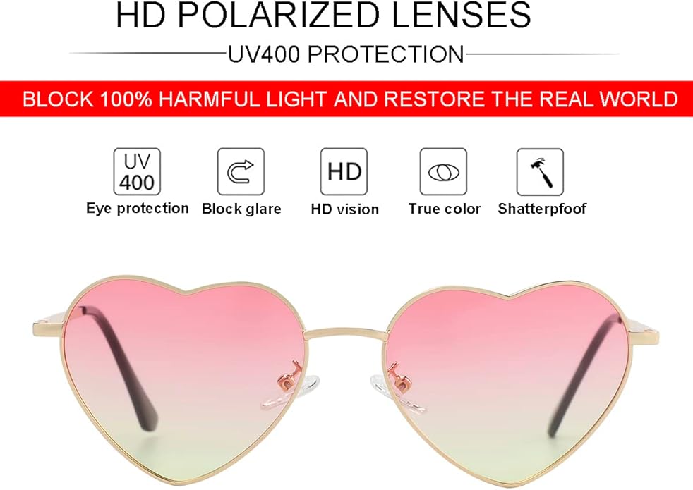 JOVAKIT Polarized Heart Sunglasses for Women Fashion Lovely Style Metal Frame UV400 Protection Lens