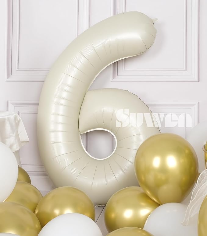 SUWEN 40 Inch Cream White Large 6 Number Balloons Big Foil Helium Number Balloons 0-9 Jumbo Happy 6th Mylar Birthday Party Decorations for Boy or Girl Anniversary Party Supplies