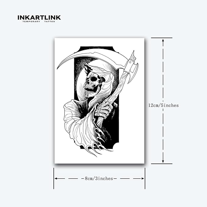 INKARTLINK Tattoo Tech, 2 Sheets Medium Semi Permanent Tattoo, Adult Art Design Temporary Tattoos, Lasts 1-2 Weeks, Waterproof, Realistic Look, No Adhesive, No Reflection (Grim Reaper Design)