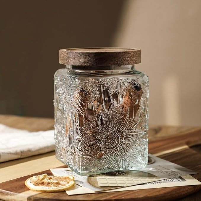 ANSQU Square Glass Jar with Lid – 25.4 oz Vintage Style Glass Food Storage Container for Kitchen Pantry, Candy, Sugar, Coffee, Cookies, Clear Kitchen Jar for Organization & Decor (Square Sunflower)