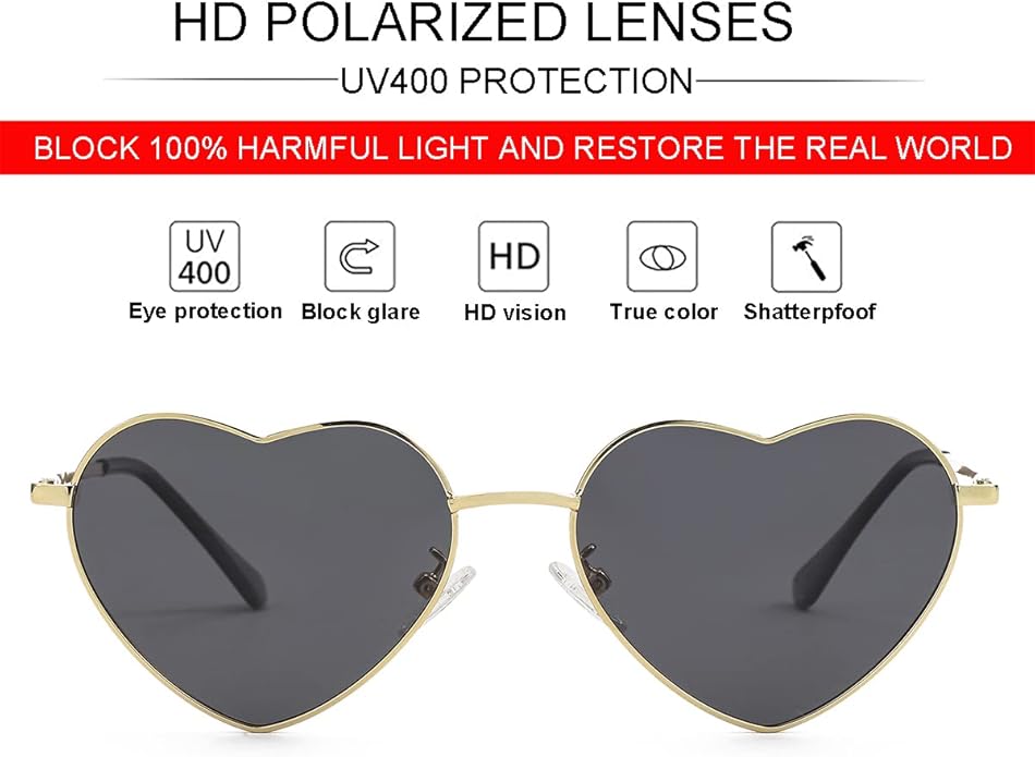 JOVAKIT Polarized Heart Sunglasses for Women Fashion Lovely Style Metal Frame UV400 Protection Lens