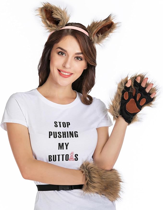 Adolala Faux Fur Fox Tail Cat Wolf Set Plush Mask Fluffy Paw Gloves Halloween Christmas Party for Women
