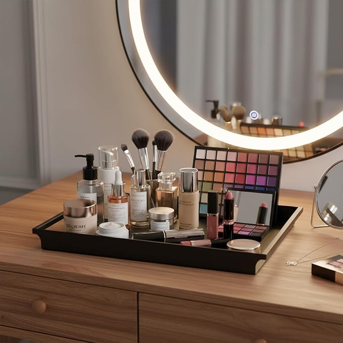 MyGift Decorative Serving Tray - Vintage Style Matte Black Metal Ottoman Coffee Table/Vanity Tray with Sleek Rounded Cutout Handles