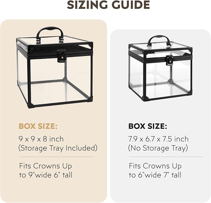 9inches Wide Pageant Crown Box Tiara Carrying Case Extra Large with Sash Holder Clear Acrylic Display Case,Toiletry and Cosmetic Organizer (Black, 230 * 230 * 190mm)