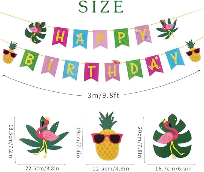 SUNBEAUTY Hawaiian Aloha Party Tropical Happy Birthday Banner Luau Birthday Flamingo Pineapple Palm Leaf Banner for Summer Birthday Party Decorations Supplies | Pre-Strung
