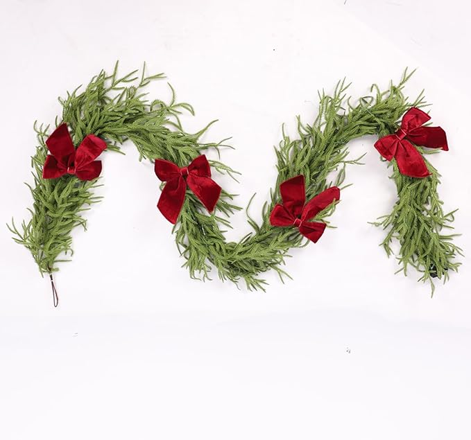 9ft Christmas Garland with Lights,Lighted Norfolk Pine Garland for Mantle,Prelit Real Touch Artificial Green Christmas Winter Garland with Large Burgundy Velvet Bow for Indoor Outdoor Decor