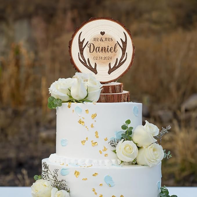 Antler Wedding Cake Topper, Personalized Rustic Country Decor for Grooms and Bride Cake Decorations, Custom Wood Mr & Mrs Boho Anniversary Keepsake, Custom Deer Lovers Couple Gifts