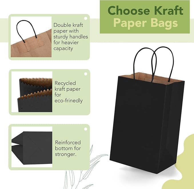 MESHA Black Gift Bags 5.25x3.75x8 Inch Small Kraft Paper Bags with Handles Bulk,100 Pack for Small Business,Wedding Party Favor