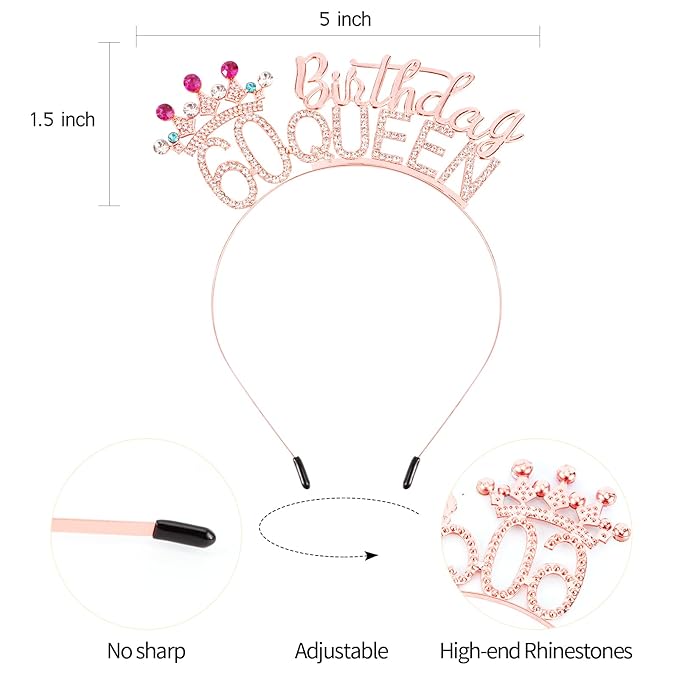 VELSCRUN 60th Birthday Queen Headband, Tiara Crown for Women, 60th Birthday Decorations for Her, Birth Queen Tiaras Crowns Sash for Women Mom Birth Party Decoration Hair Accessories Rose Gold