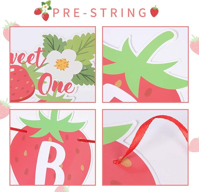 SUNBEAUTY Strawberry Happy Birthday Banner, Berry Sweet Red Fruit Party Hanging Banner, Strawberry Birthday Decorations for Girls 1st Birthday Baby Shower Party Decoration | Pre-Strung
