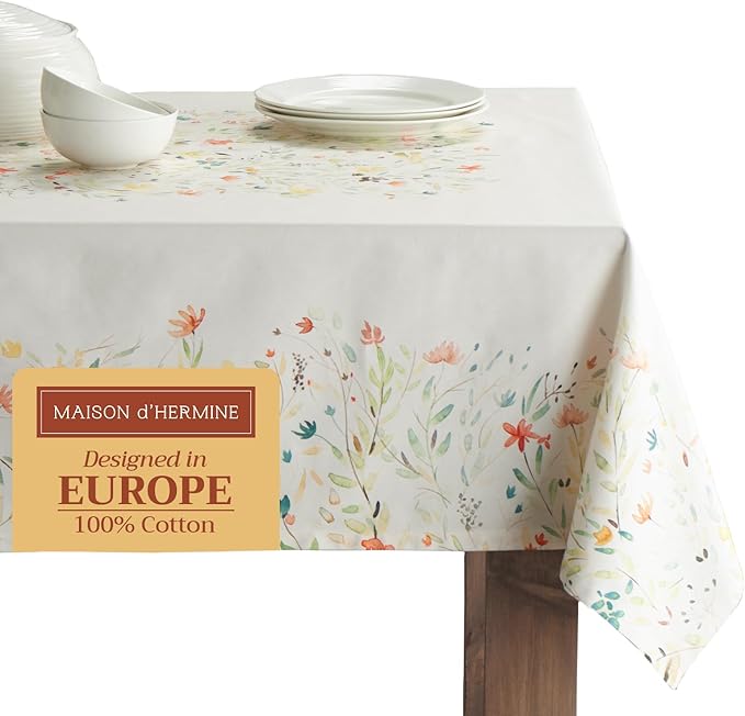 Maison d' Hermine Table Cloth Rectangle Table 100% Cotton 70 x 90 Inches Tablecloth Reusable Decorative Everyday Use for Dining Room, Farmhouse, Home, Party, Festive & Wedding Spring Summer - Colmar