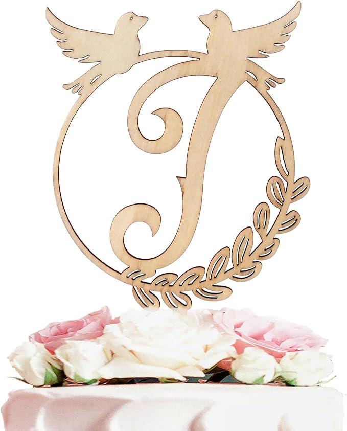 LINGTEER Personalized Inital Letter J Wooden Cake Topper Perfect for Birthday Rustic Wedding Party Keepsake Decoration