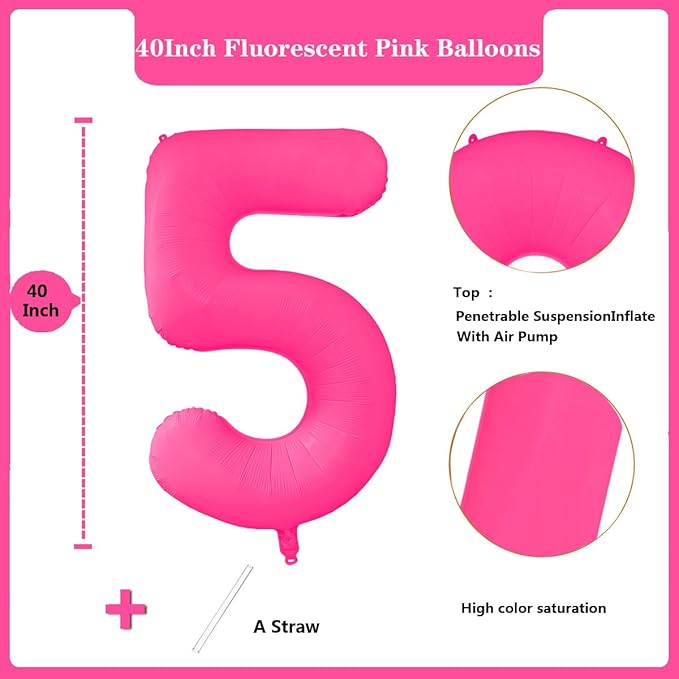 Fluorescent Rose Red Number Balloon 40 inch Giant Foil Helium Balloons Pink Number 5 Balloon for 5th Birthday Party Decorations