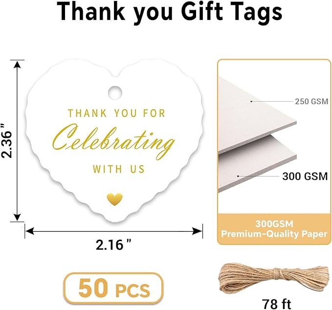 50pcs Gold Foil Thank You Tags with String, Pre-Punched Hole Gift Tags with String - Perfect for Weddings, Baby Showers, Parties, Celebrations - Thank You for Celebrating with US (2.36"*2.16")