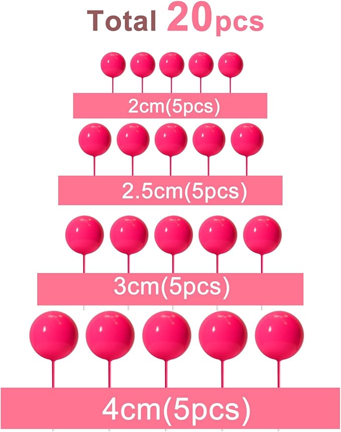 ASTARON 20 Pcs Ball Cake Topper Decorations Mini Balloons Cake Topper Sticks Hot Pink Balls Cake Picks Cake Topper Balls Cake Decorations for Wedding Birthday Cake Decorations